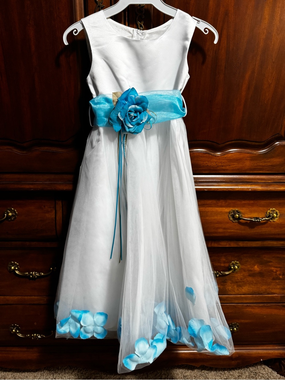 Girls White Flower Girl Dress with Blue Sash